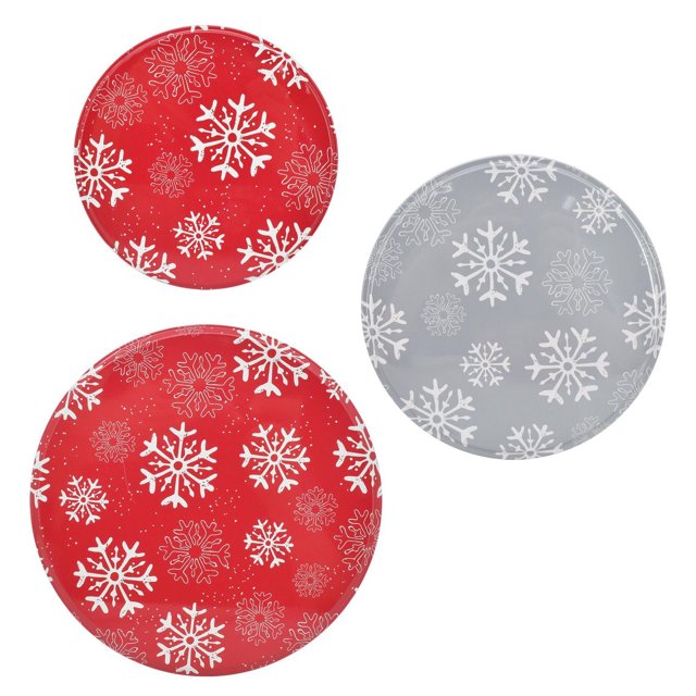 Holiday time round tin set with three food-safe tins decorated with white snowflakes, two red and one gray, designed for kitchen organization and food storage containers, suitable for party favors, candies, herbs, cosmetics, or small craft items.