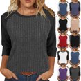 thumbnail image 1 of Yuyuzo Women 3/4 Sleeve Tops Round Neck Loose Casual Blouses Fall Color Block Loose Ribbed Knit Soft Tops, 1 of 6