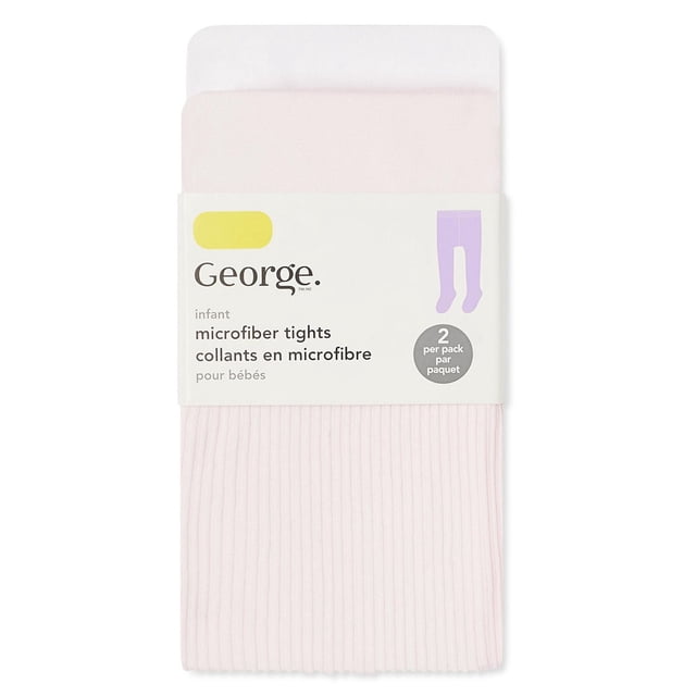 George Baby Girls' Microfibre Tights 2-Pack with two pairs of infant tights in pastel pink and white, crafted from soft ribbed microfiber featuring an elasticized waistband and stretch fit, suitable for casual or dressy wear with dresses or skirts.
