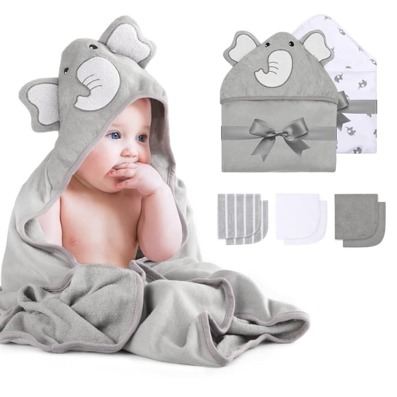 Momcozy Baby Hooded Towel, 8-Piece Bath for Boys or Girls, Washcloth Set with Cute Design