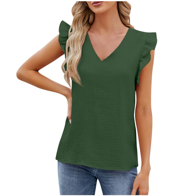Timegard Womens Summer Tops Ruffle Cap Sleeve V-Neck Solid Color Comfy Lightweight Blouse Casual Loose Tops
