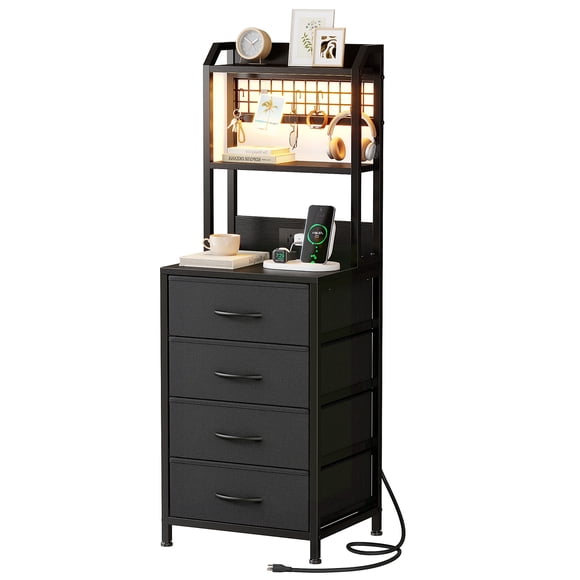 Kousei Nightstand with Charging Station & LED Light, 4 Fabric Drawers & 3 Shelves Bedside Table, Modern End Table for Bedroom,Grey