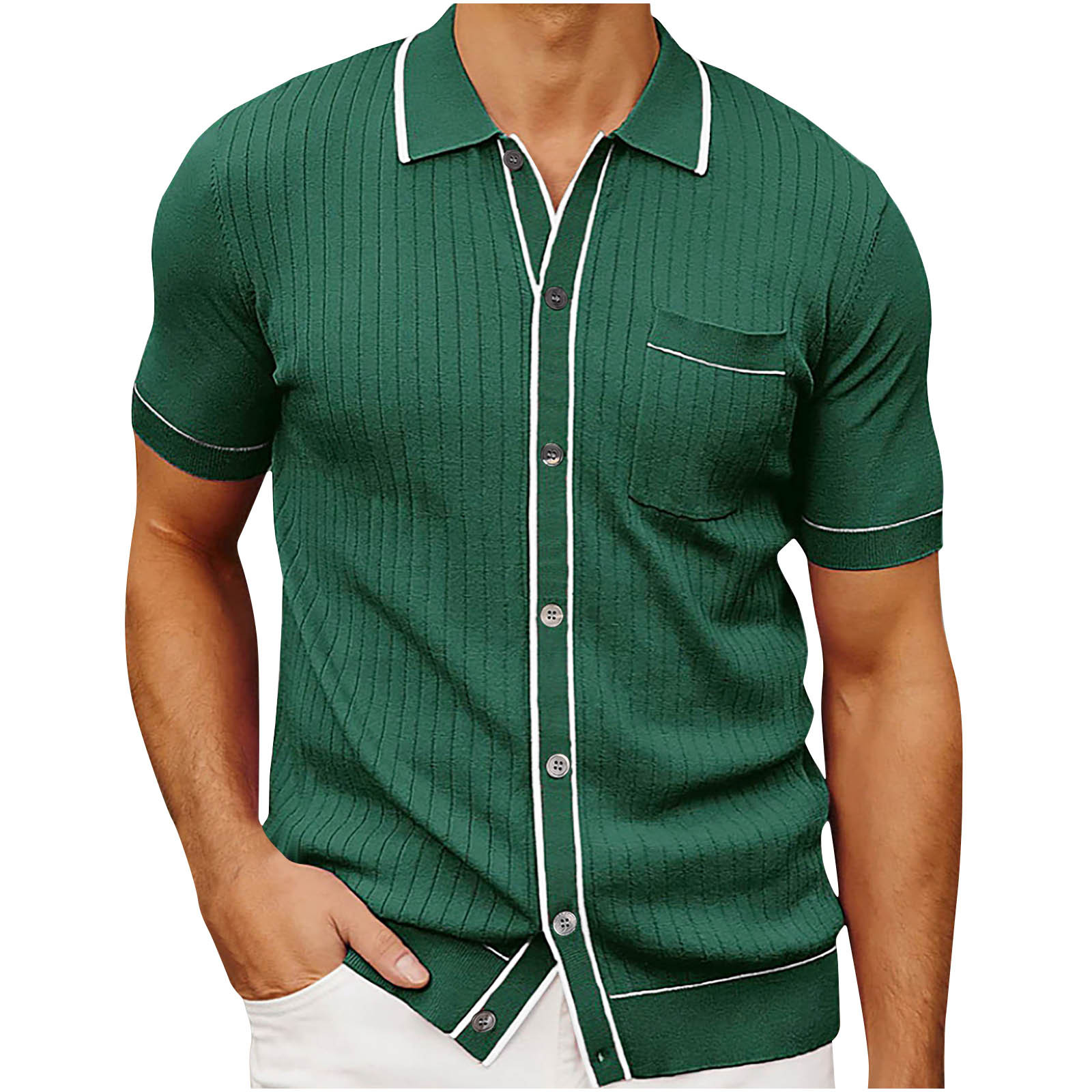 Chemises pour Hommes Mode Masculine Tricot Décontracté Couleur Unie Manches Courtes Col Rabattu Blouse Chemise