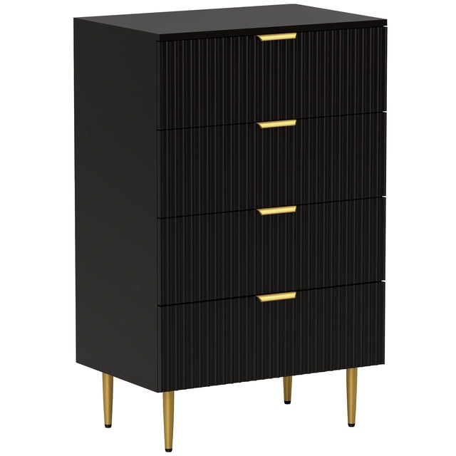 HOMCOM Commode à 4 Tiroirs pour Chambre, Commode avec Poignées et Pattes Dorées. la Commode Noire Présente un design Cannelé sur les Façades des Tiroirs, Quatre Tiroirs Spacieux pour le Rangement et une surface Finement Peinte pour un Style Stylé. les Pattes en Métal Incluent des Patins Réglables Antidérapants pour la Stabilité et le design Anti-Basculement Assure la Sécurité. les Dimensions Sont de 23,6 Pouces de Large, 15,7 Pouces de Profondeur et 37,8 Pouces de Hauteur.