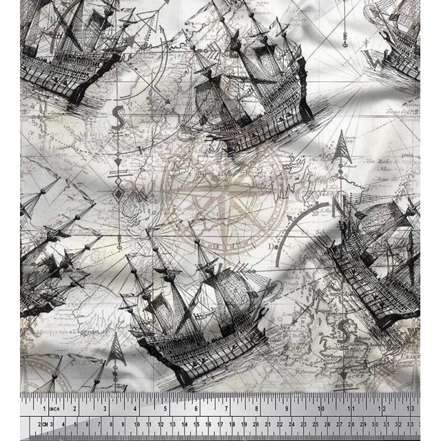 Soimoi Poly Georgette Fabric Ship & Direction Compass Nautical Print Sewing Fabric Yard 42 Inch Wide