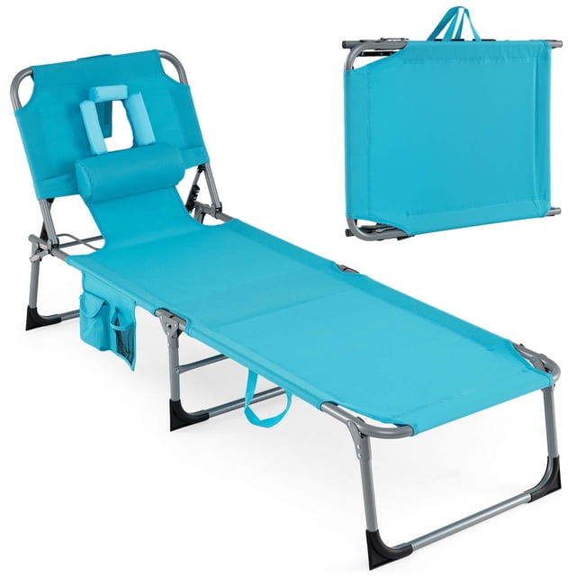 Costway Outdoor Beach Lounge Chair Folding Chaise Lounge with Pillow Turquoise