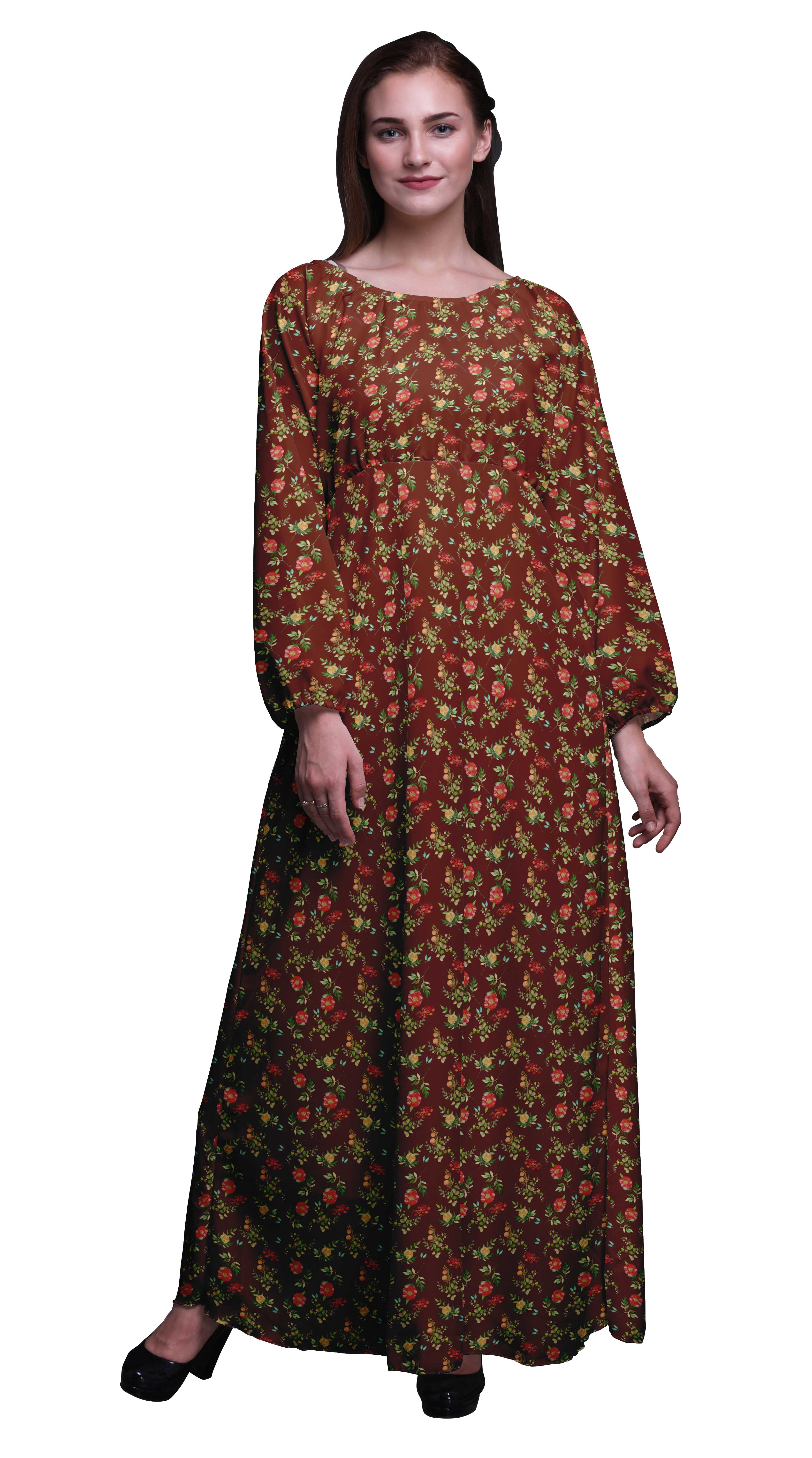 Bimba Robe Maxi à Manches Longues pour Femmes en Georgette Mousse Imprimée de Feuilles et de Pivoines, Taille Élastique - Grande