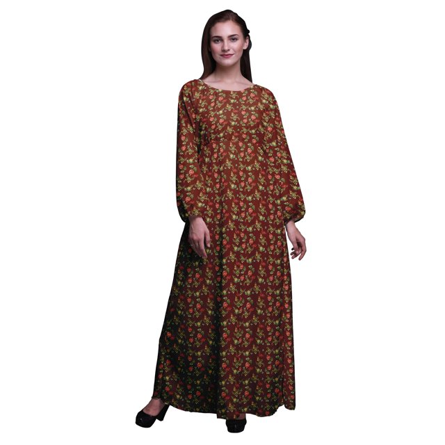 Bimba Robe Maxi à Manches Longues pour Femmes en Georgette Mousse Imprimée de Feuilles et de Pivoines, Taille Élastique - Grande