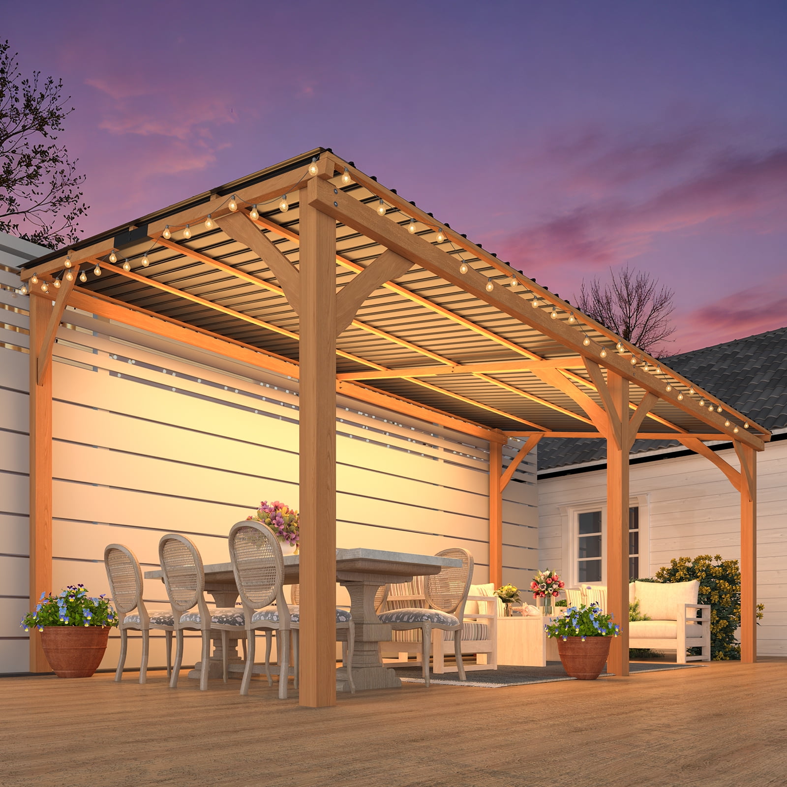 YODOLLA 16' x 10' Cedar Wood Gazebo, Wall-Mounted Hardtop Pergola