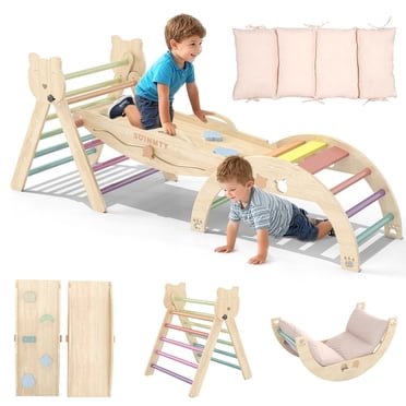FOOWIN 8 in 1 Foldable Wooden Pikler Triangle Climbing with Ramp and Arch, Montessori Climber for Toddlers 18 Months to 6 Years
