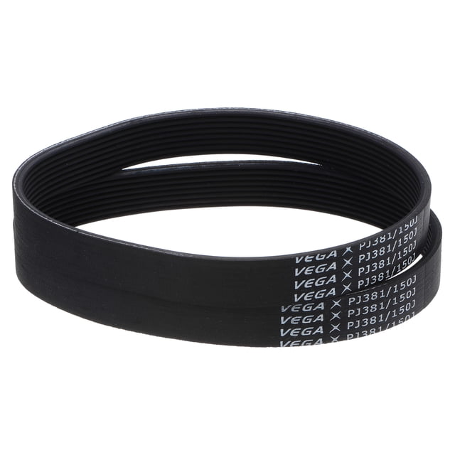 Unique Bargains 150J8 PJ V-Ribbed Belt, EPDM Industrial Transmission Serpentine Belt, 2 Pack. The image shows two black V-ribbed belts made of EPDM rubber material, featuring a width of 0.74 inches (18.72mm), a thickness of 0.14 inches (3.5mm), and an outer circumference of 15 inches (381.0mm). These belts are designed for industrial machinery, appliances, and power tools, offering high-temperature resistance, oil resistance, and wear resistance. The belts are labeled with 'VEGA PJ381/150J' markings.