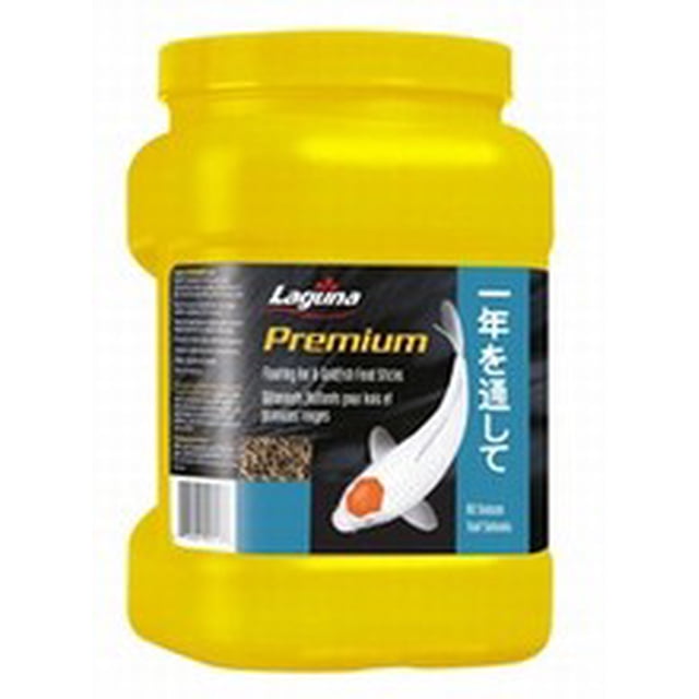 Laguna Premium Bâtonnets Flottants pour Carpes Koï et Poissons Rouges 480 g (4 Litres) dans un Contenant Jaune avec une Étiquette Noire Présentant un Graphique de Poisson Koï. les Bâtonnets Alimentaires Sont Conçus pour Flotter et Adoucir Rapidement, Favorisant une Meilleure digestion, des Couleurs Vibrantes et une Résistance aux Maladies pour les Poissons d'Étang. Idéal pour les Carpes Koï et les Poissons Rouges dans les Étangs avec des Températures d'Eau Supérieures à 10 °C (50 °F).