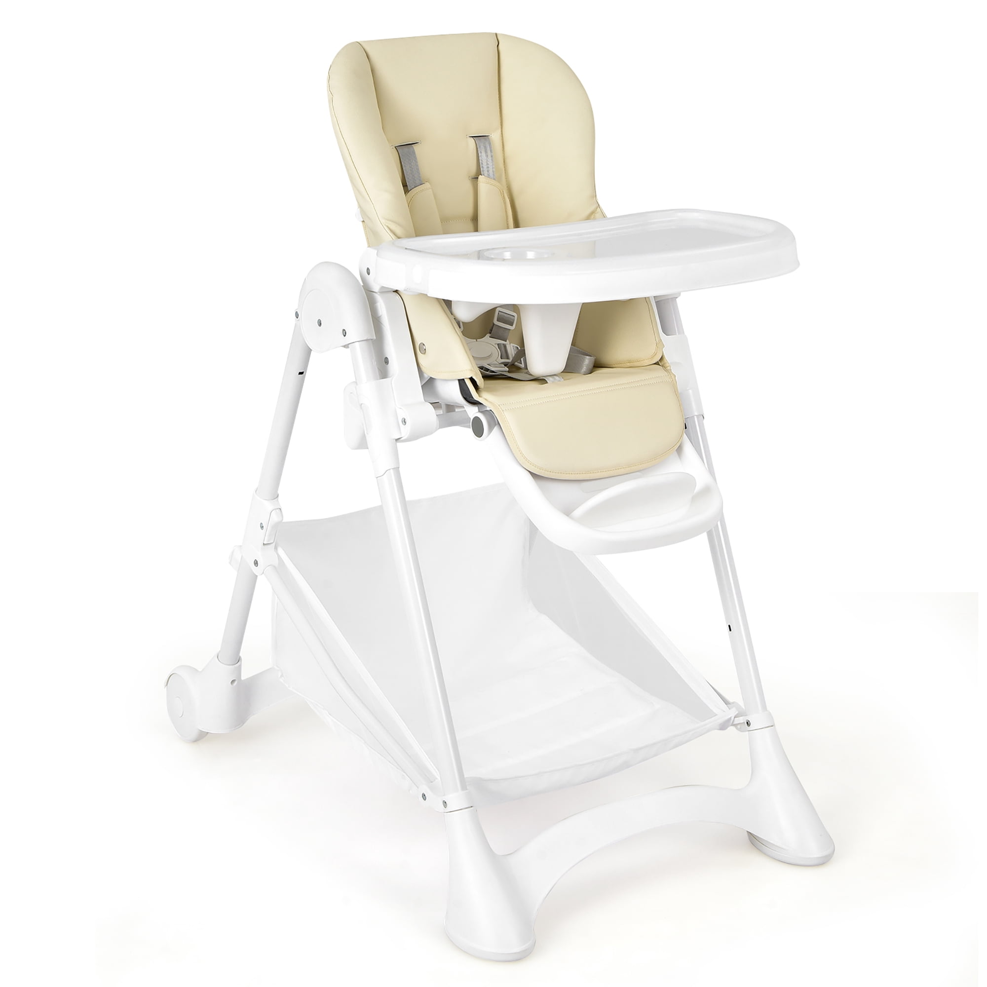 Costway Baby Convertible Folding Adjustable High Chair w/Wheel Tray Storage Basket Beige