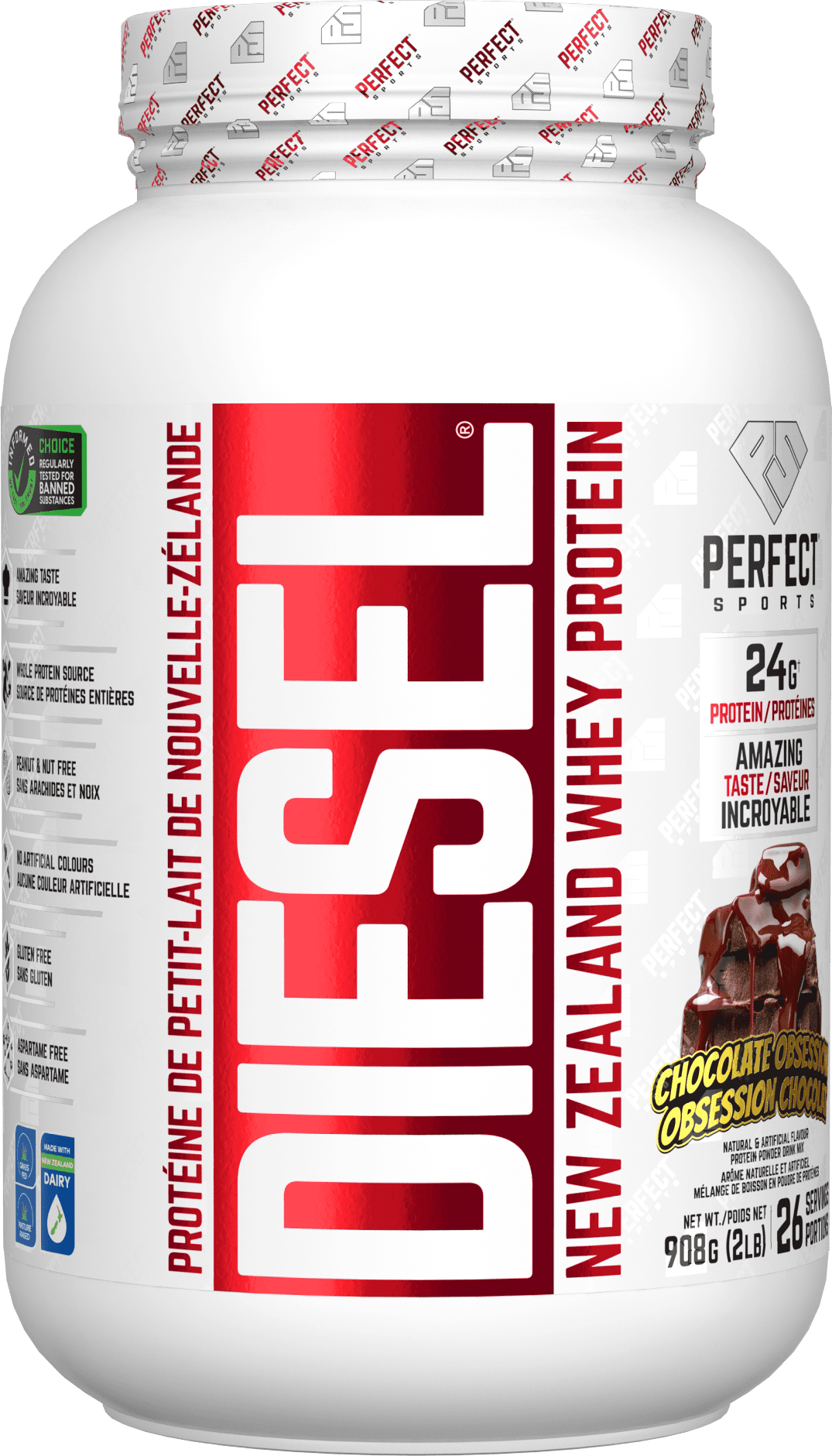 PERFECT Sports - DIESEL New Zealand Whey Protein, Grass-Fed + Pasture-Raised Whey Protein Powder, Gluten-Free, Chocolate Obsession, 2 lbs