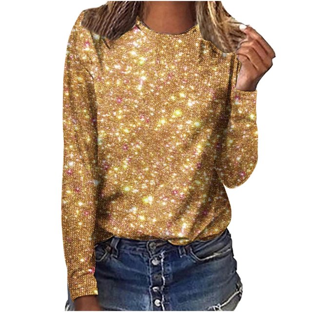 Amzcrzy Hauts pour Femmes Mode Col Rond Hauts à Sequins pour Femmes Manches Longues Polyvalentes Décontractées Printemps Été Hauts Confortables Élégants pour Sortir