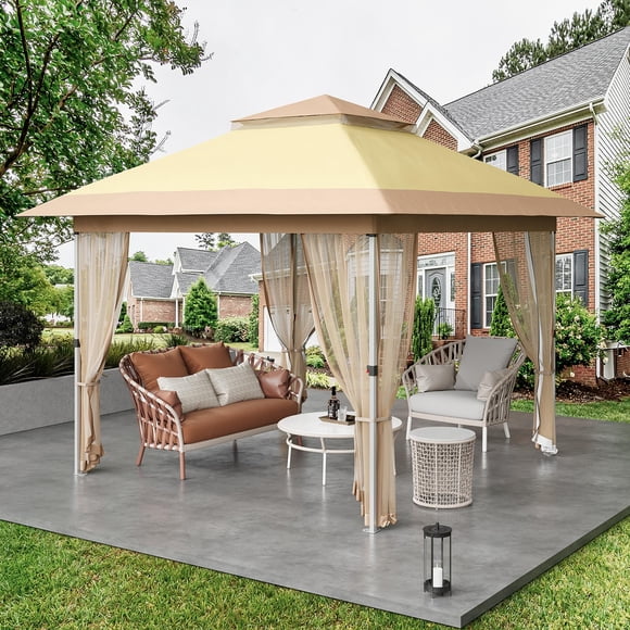 AKDSteel 12'x12' Gazebo Outdoor Pop Up Canopy Tent With Curtains, 144 Square Shelter, 2-Tiered Vented Top And Mosquito Netting, Ideal For Patio, Backyard Parties And Events