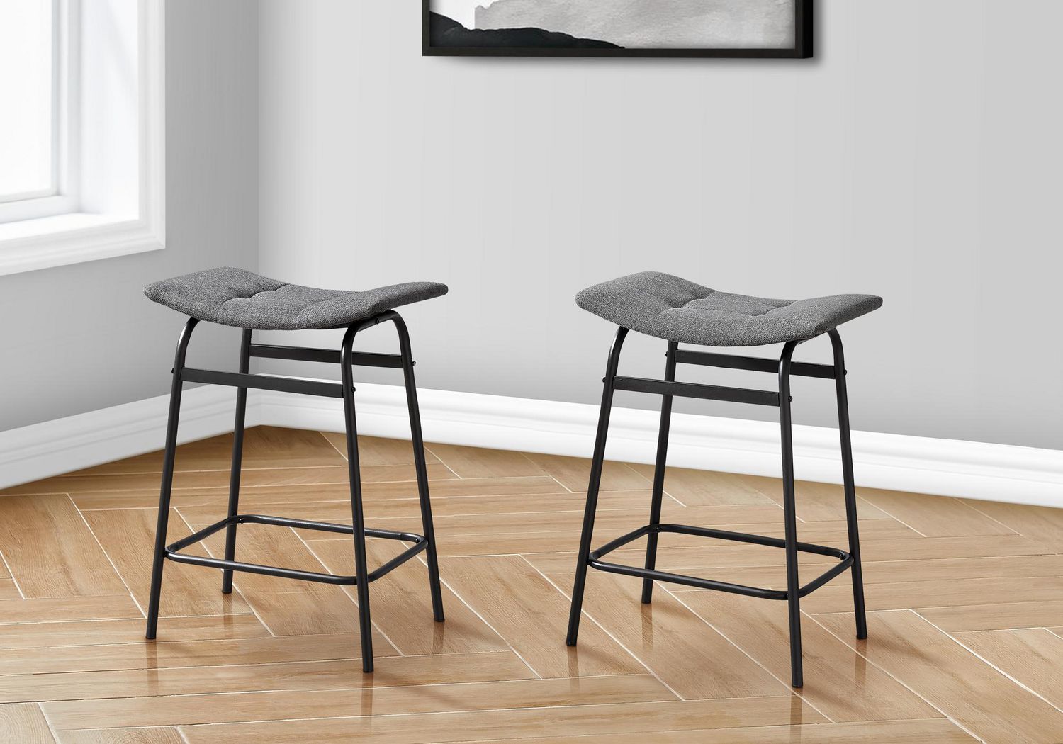 Monarch Specialties  Tabouret De Bar, Hauteur Du Comptoir, Ensemble De 2, Cuisine, Aspect Cuir Noir, Métal Noir, Contemporain, Moderne