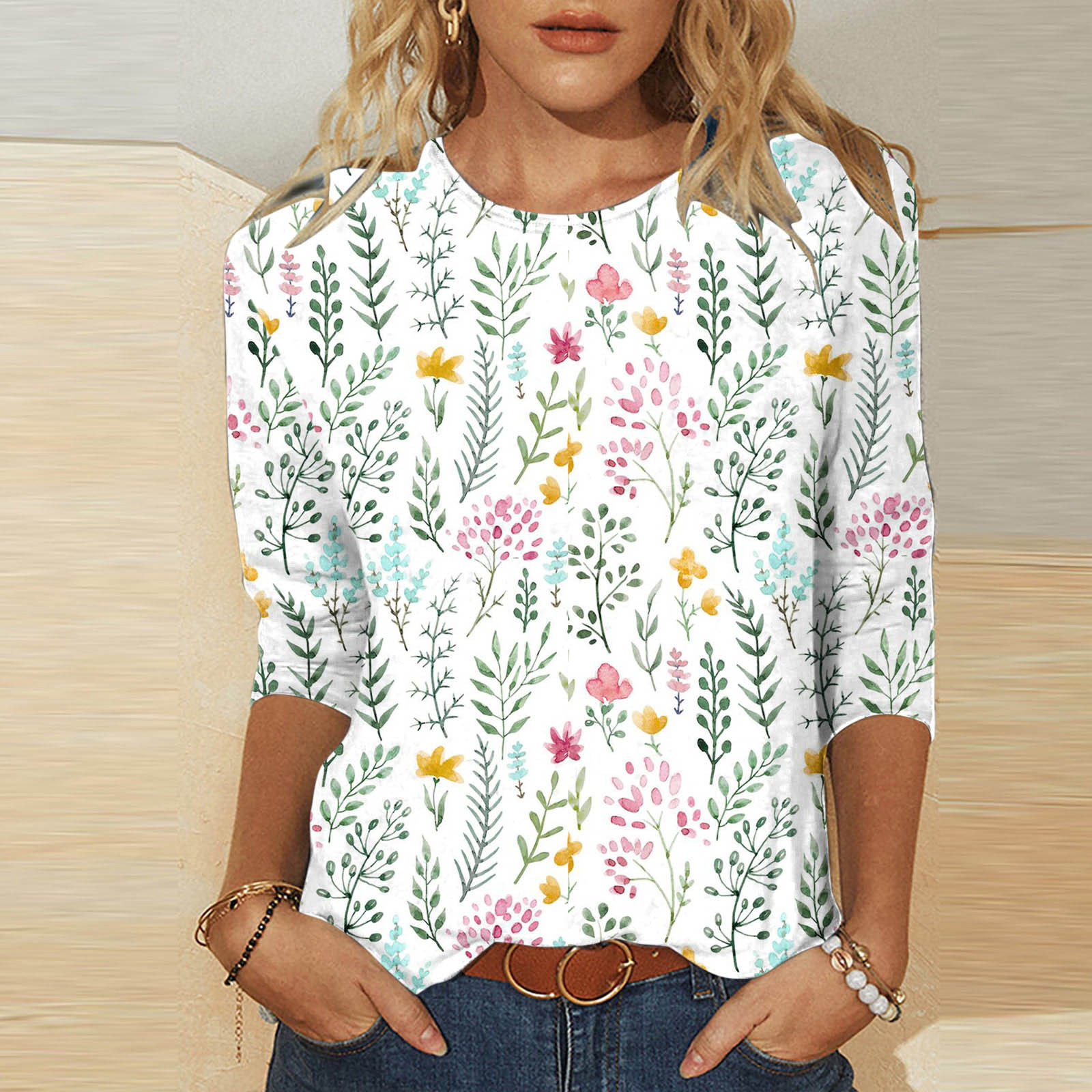 Blouses à Manches 3/4 pour Femmes Mode T-shirt Imprimé Mi-Long Blouse à Manches 3/4 Col Rond Hauts Décontractés Hauts à Manches 3/4 pour Femmes Grande Taille en Liquidation