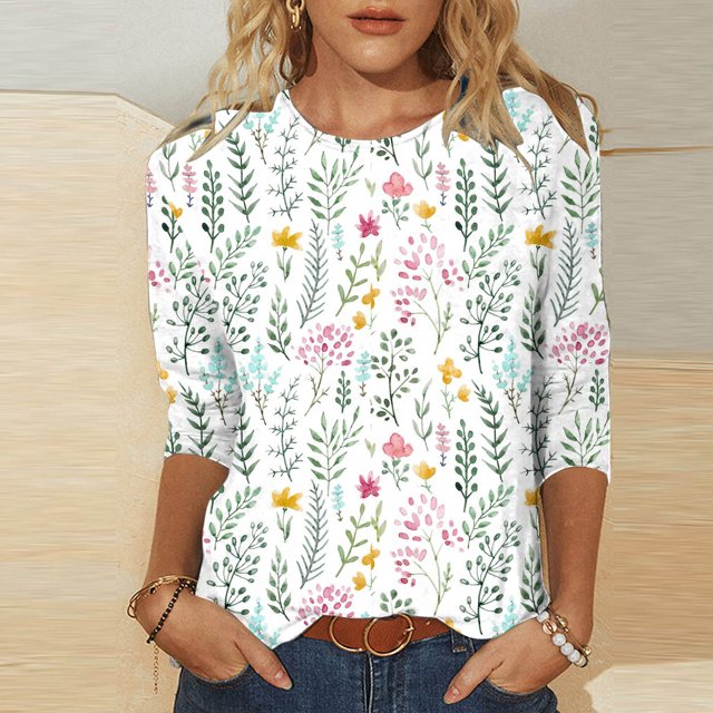 Blouses à Manches 3/4 pour Femmes Mode T-shirt Imprimé Mi-Long Blouse à Manches 3/4 Col Rond Hauts Décontractés Hauts à Manches 3/4 pour Femmes Grande Taille en Liquidation