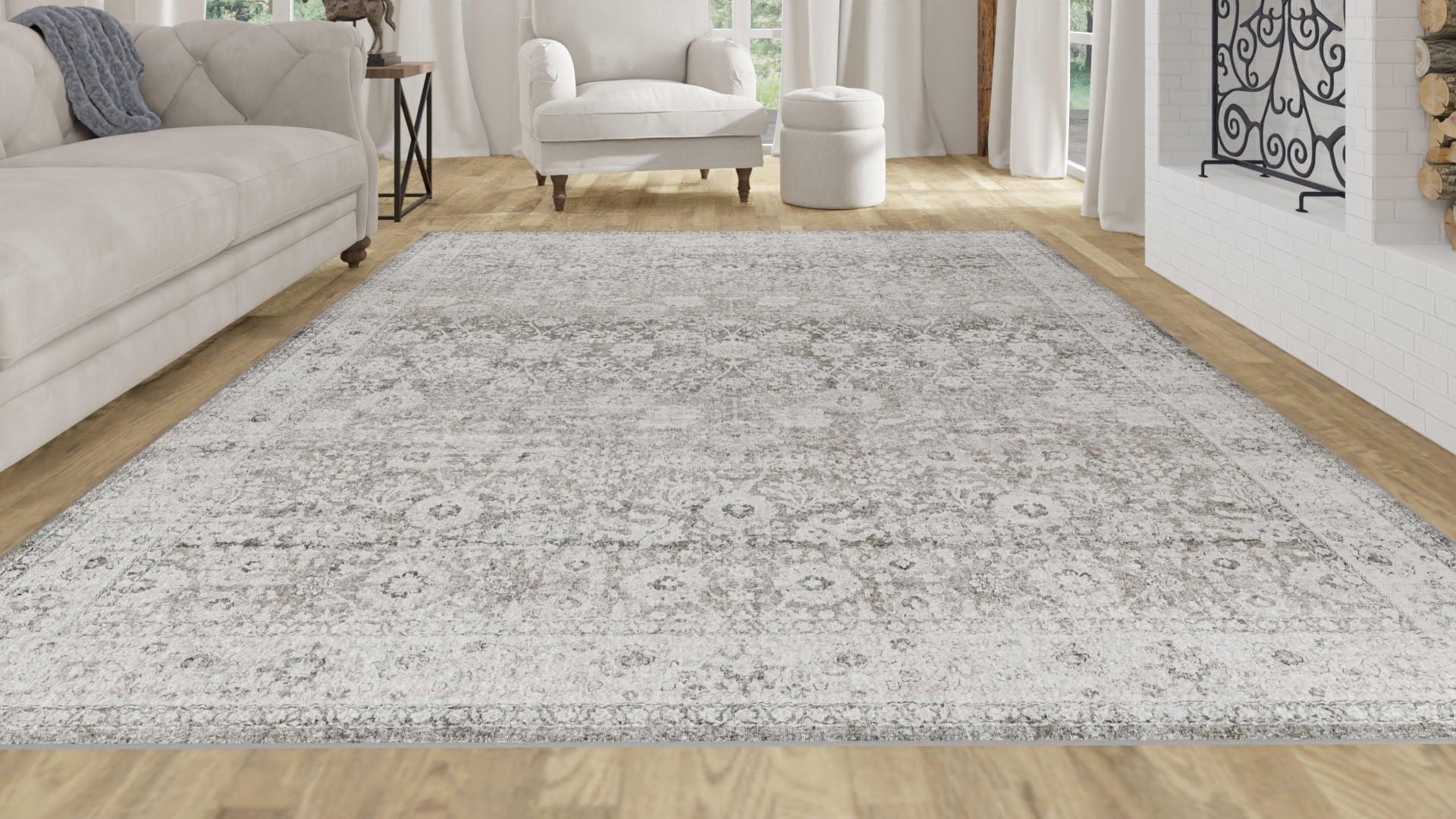 E-Z Wash Tapis de surface lavable pour le salon et la chambre à coucher, motif dentelle Meadow, gris, 8 x 10 pi