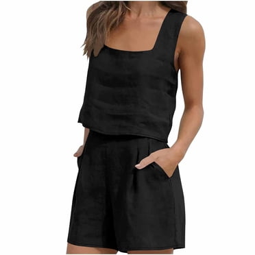 Womens 2 Piece Outfits 2025 Clearance Womens 2 Piece Outfits Loungewear Matching Sets Two Piece Linen Shorts Crop Tops Trendy Clothes Summer Vacation Set New Black XL