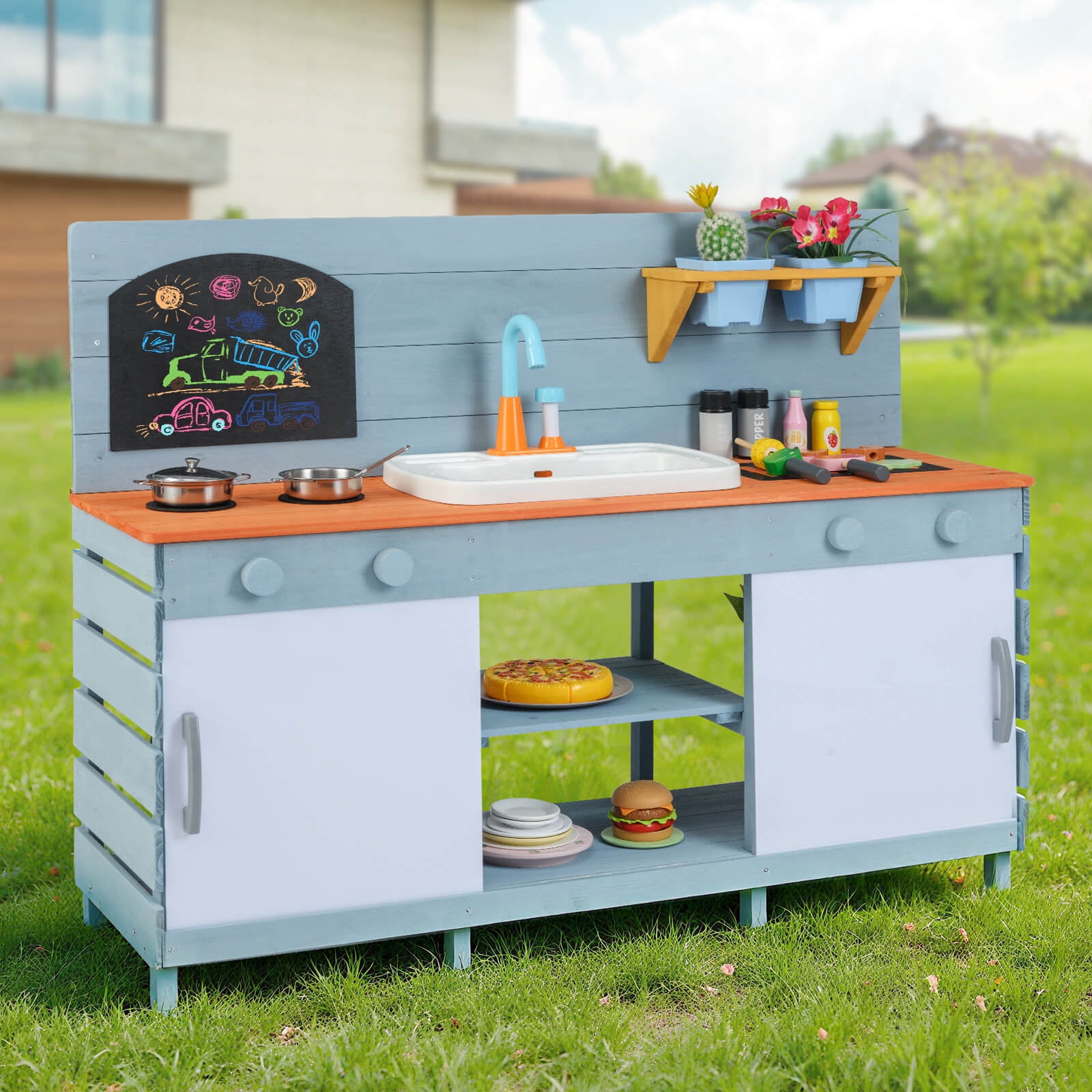 Costway Play Kitchen for Kids Wooden Toy Kitchen Playset with Chalkboard Grill Rack