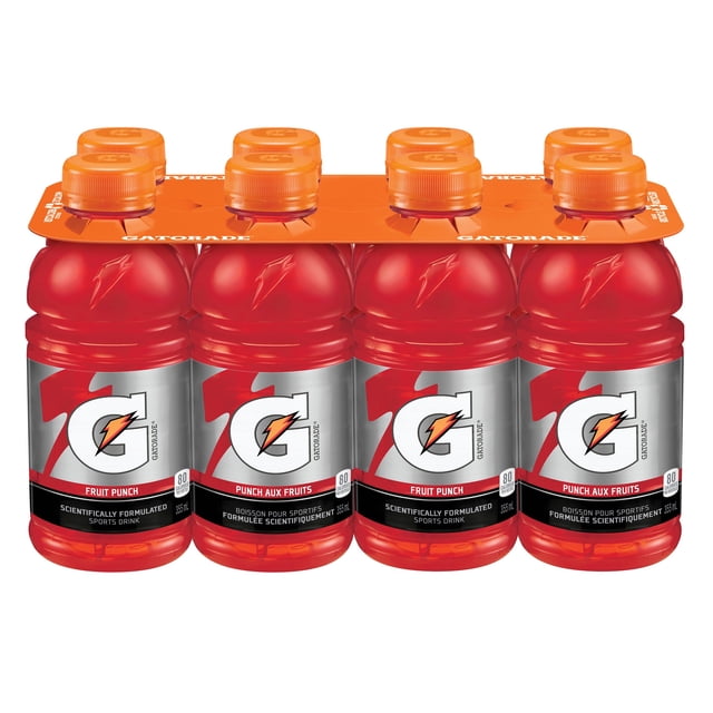 Gatorade Fruit Punch Sports Drink 8-pack of 355 mL bottles with translucent red liquid and orange caps, featuring silver labels with the Gatorade logo and fruit punch flavor, scientifically formulated to rehydrate, replace electrolytes, and refuel muscles, ideal for athletes during workouts and games.