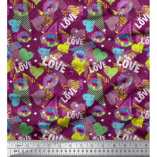 Soimoi Pink Silk Fabric Text,Lips & Heart Fabric Prints By Yard 42 Inch Wide
