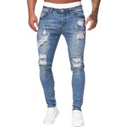 Ketyyh-chn99 Mens Jeans 2024 Relaxed Boot Jean Loose fit Pants Shorts Men's Casual Jeans Solid Color Ripped Holes Frayed Gradient Washed Trousers Light blue,3XL
