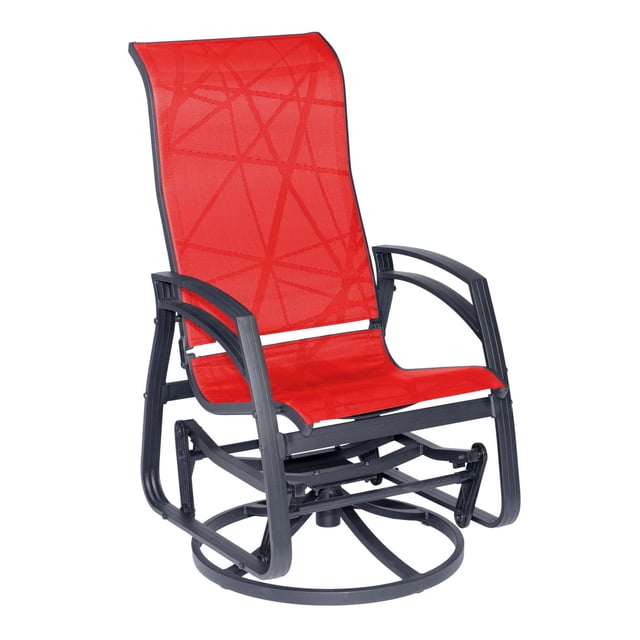 Dura Kansas Aluminum Swivel Glider with black aluminum frame and red sling-tex fabric seat and backrest, designed for outdoor patio seating with smooth swivel and gliding motion, ideal for relaxing in any outdoor space.