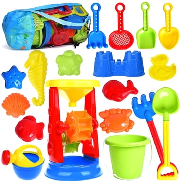 Jouets de Plage Ensemble de 19 Pcs Jouets de Sable Jouets pour Enfants pour Bac à Sable Comprend Roue à Eau Trousse d'Outils de Plage Seau Arrosoir Moules Jouets de Sable Sac en Maille pour Voyage Jouets de Plage pour Enfants de 3 à 13 Ans