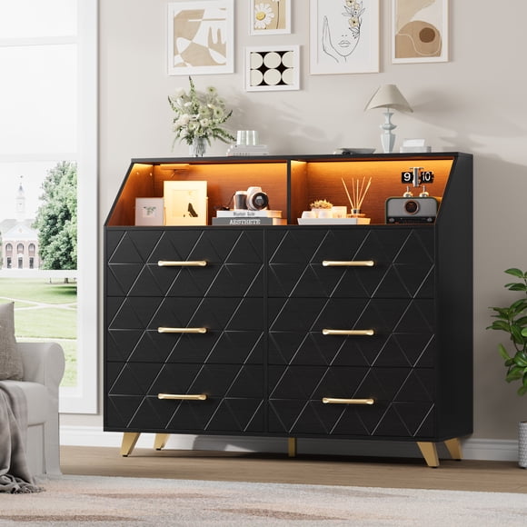 PioneerWorks Commode Moderne à 6 Tiroirs, Commode Noire avec Bande Lumineuse DEL, Station de Recharge, Tablette Ouverte, Pattes en Métal, Grande Armoire Commode en Bois pour Chambre, Salon