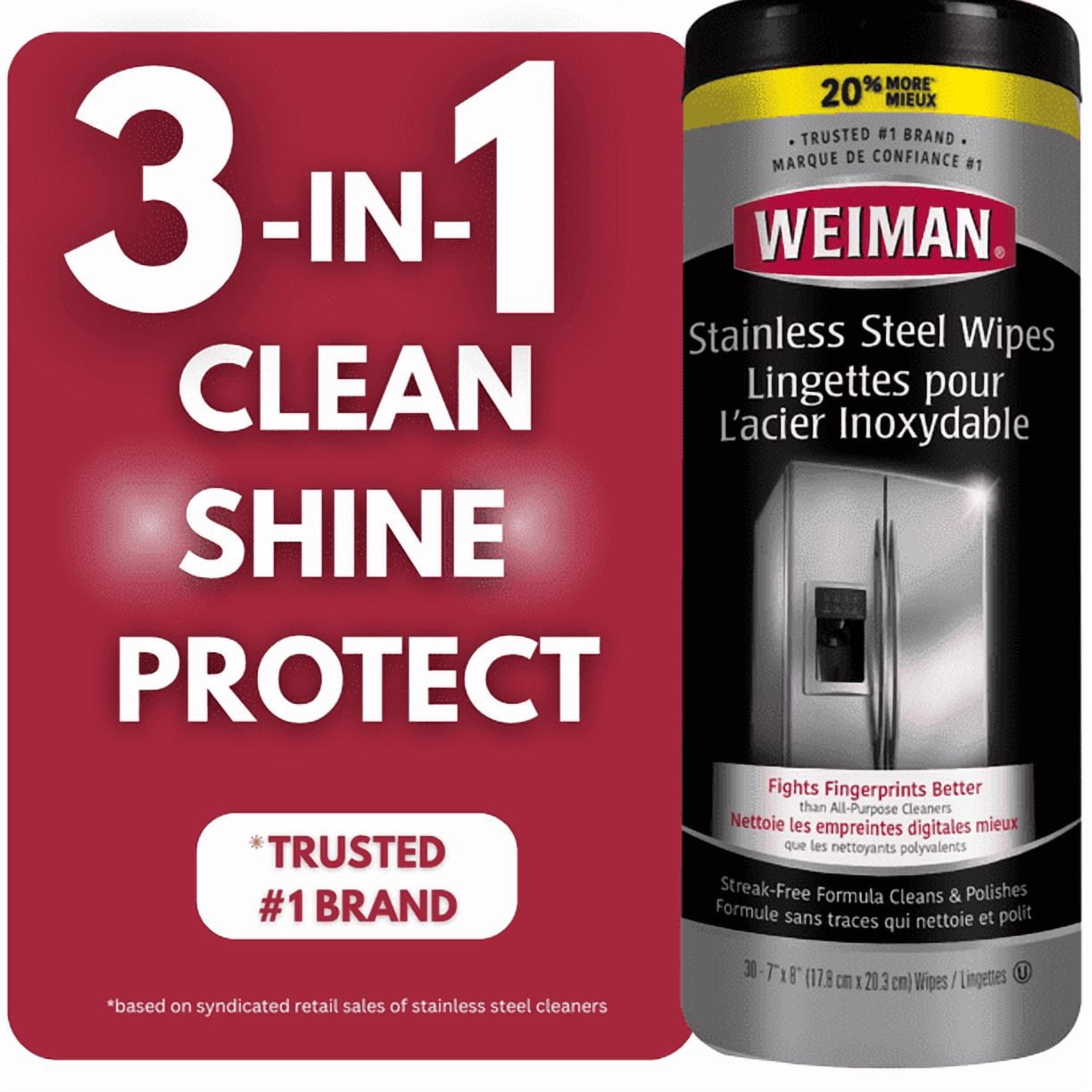 Weiman Stainless Steel Cleaner and Polish Wipes, 30 Count, Finger Print Resistant Polish