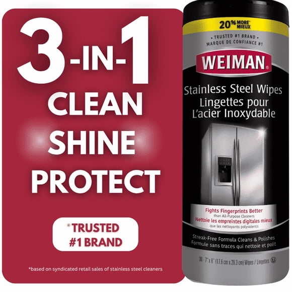 Weiman Stainless Steel Cleaner and Polish Wipes, 30 Count, Finger Print Resistant Polish