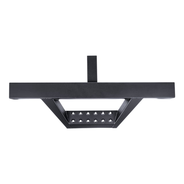 KFFKFF Hitch Step for 2-Inch Receivers, shown in a front-facing view. Made of durable steel with a black finish, it features a wide anti-slip step with a perforated texture for enhanced traction. Designed to support up to 300 lbs, it includes a pin lock and stabilizer for secure attachment. Compatible with SUVs, trucks, pickups, and trailers, this hitch step offers easy access to vehicle roofs or trunks while providing rear protection.