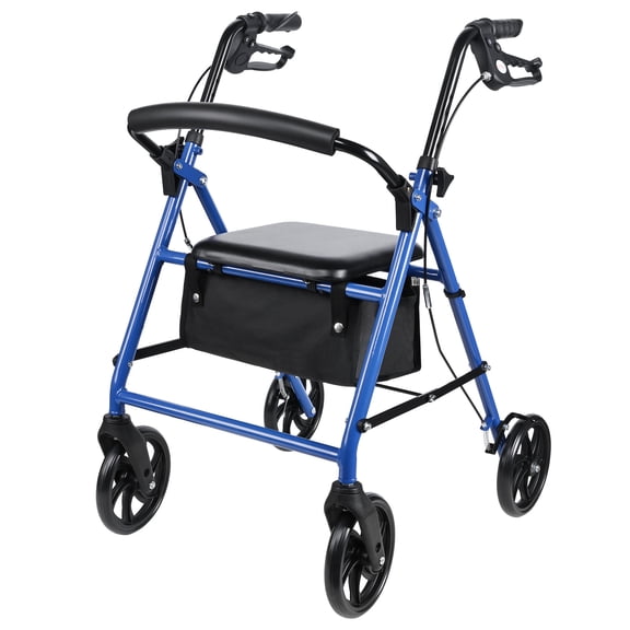 Déambulateur à 4 Roues avec Siège de 14 Pouces x 12 Pouces, Marchette Pliante avec Pochette de Rangement, Hauteur Ajustable, Roues de 8 Pouces, Capacité de Charge de 300 Lb, Bleu