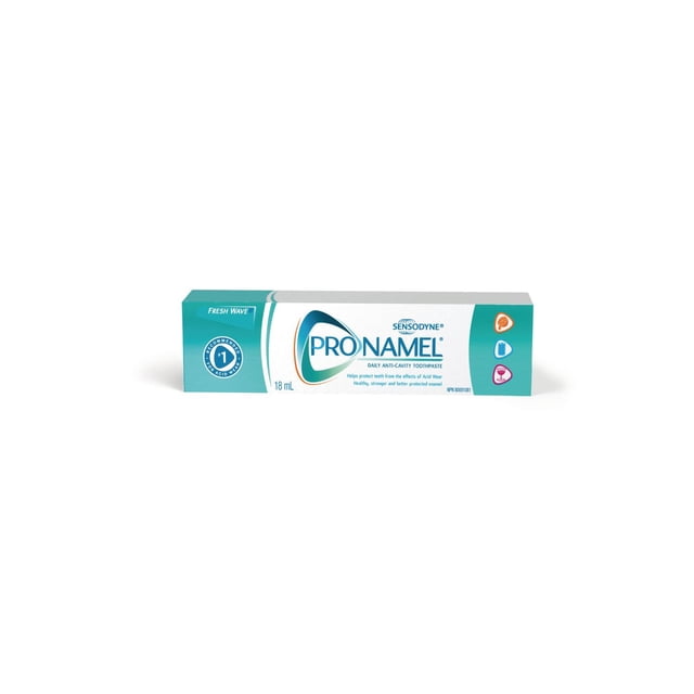 ProNamel Enamel Care Toothpaste 18 mL box with teal and white packaging, featuring Sensodyne branding and claims of enamel protection, acid wear defense, cavity prevention, and fresh wave flavor, suitable for sensitive teeth and daily oral care.