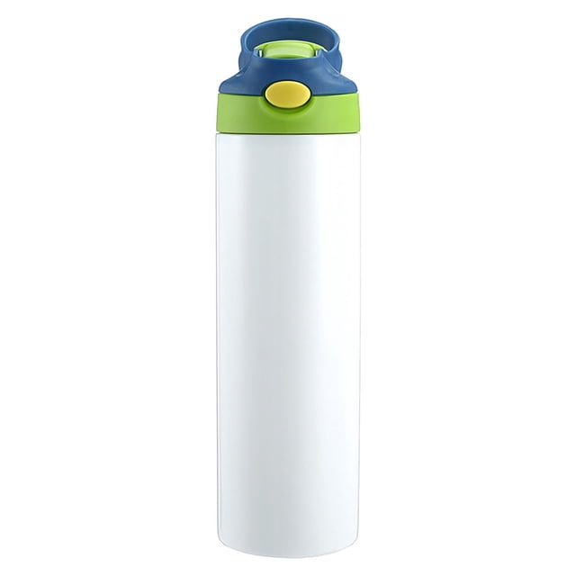 Meitianfacai Kids Water Bottles 20oz insulated stainless steel water bottle with a white body and a colourful straw lid featuring blue and green accents. Designed for children, this customizable bottle is suitable for school and travel, offering efficient heat preservation for 6-12 hours and cold preservation for 12-24 hours. The white surface allows for DIY customization with patterns or stickers.