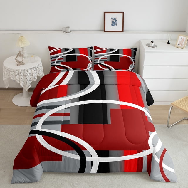 Erosebridal Red Black Grey Stripe Bedding Twin Comforter Set, Modern Abstract Circle Down Comforter Microfiber 2-Piece