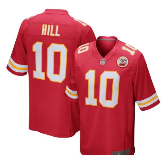 Chandail Réplique de football sport pour Hommes MAHOMES 15# HILL 10# KELCE 87# MATHIEU 32# aux Couleurs Vibrantes de l'Équipe. Comprend des Manches Courtes, un Nom et un Numéro de Joueur Imprimés, et un Matériau 100 % polyester. Vêtement Idéal pour les Amateurs de sports. Vues avant et Arrière du Chandail HILL 10# Sont Indiquées.