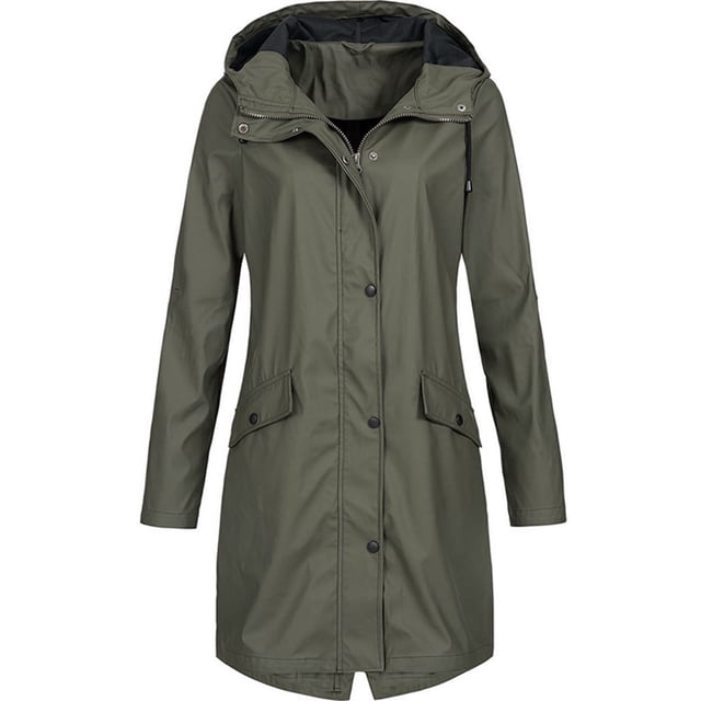 hoksml Women Plus Size Rain Jacket Solid Outdoor Hooded Drawstring Full Zipper Buttons Raincoat Long Windproof Pockets Coats S-5XL