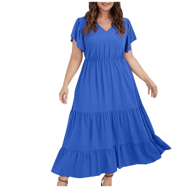 Bigersell Robe Chandail pour Femmes Liquidation Femme Col en V Manches Courtes Midi Robe Soleil Robe Style D-55 Robes Dames Grande Taille Robes d'Été, Bleu TG