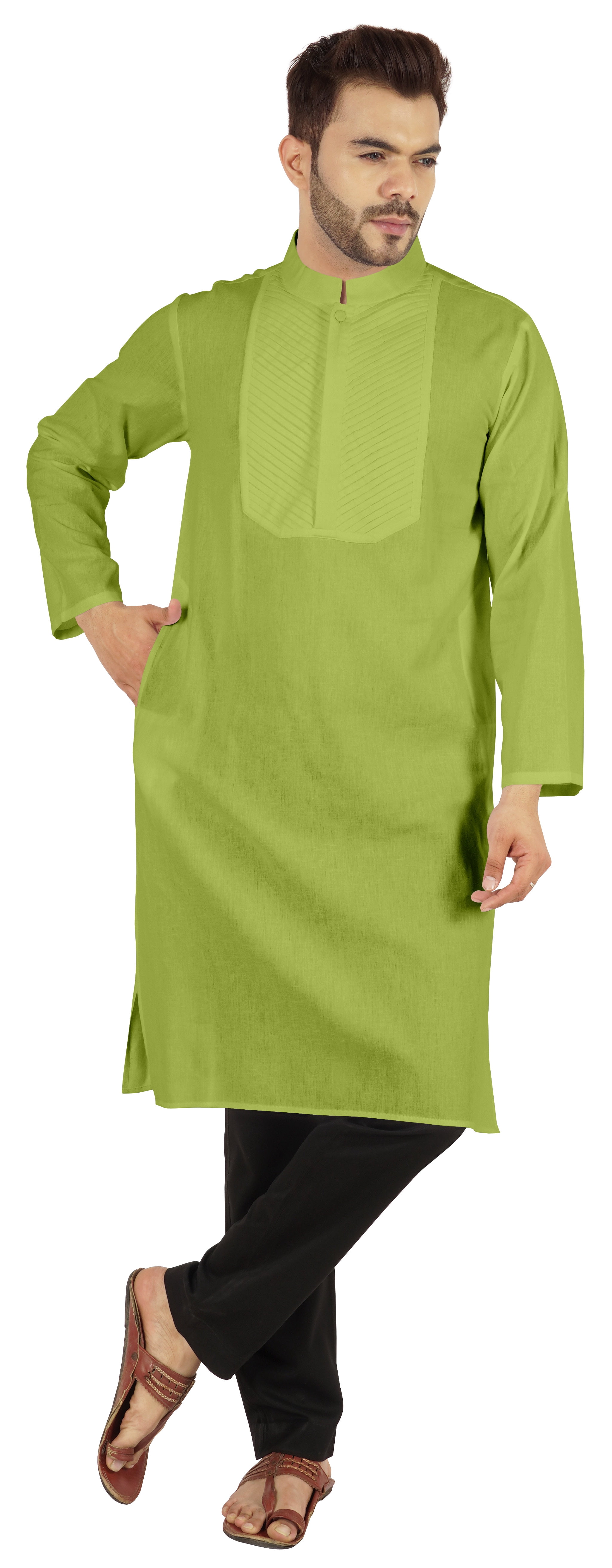 Atasi Indian Solid Kurta Pajama Set For MensMandarin Collar Casual Long-Wear Kurta