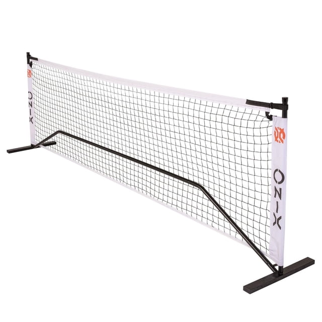 Onix Portable Pickleball Net and Practice Net with black interlocking steel frame and wide steel base, regulation size 36 inches high by 22 feet wide net with adjustable tension straps and Onix branding on white borders, designed for easy setup and portability.