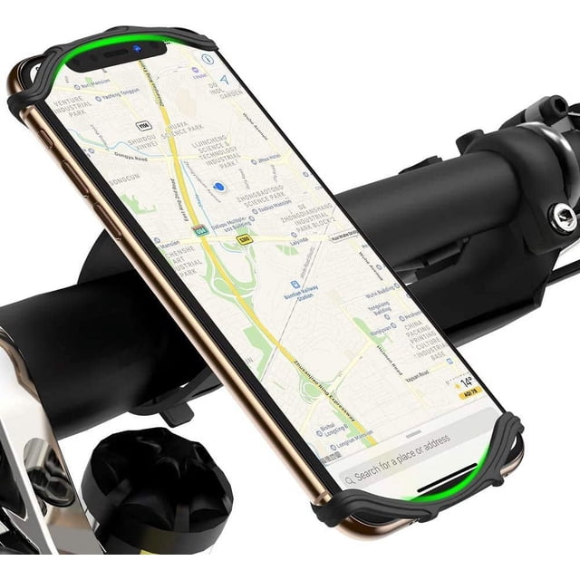 Upgraded Bicycle Mobile Phone Holder, a black silicone bike phone mount securely holding a smartphone with a 4-6 inch screen on a bicycle handlebar. The phone displays a navigation map, and the holder features a 360° adjustable design for flexible viewing angles. Ideal for bike accessories, motorcycles, and strollers.