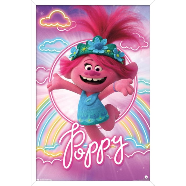 DreamWorks Trolls 2 - Affiche Murale Poppy, 22,375 Pouces x 34 Pouces Encadrée Montrant un Personnage Poppy Orienté vers l'Avant avec des Cheveux Rose Vif Attachés, Portant une Robe Bleue et un Serre-Tête Fleur Vert. l'Arrière-plan Présente des Nuages pastel Néon et des Arcs-en-Ciel avec un Cercle Lumineux derrière Elle. le Mot « Poppy » Apparaît en cursive Blanche au Bas. Cette Affiche Encadrée Convient à la Déco Vibrante de Chambre d'Enfants et à la Décoration