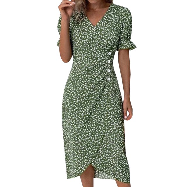 Kcodviy Robe à Boutons pour Femme à Col en V Grande Taille Décontractée à Manches Ourlet Irrégulier Robe Robes pour Femmes Décontractées d'Été Décontractées Robes Ceinturées pour Femmes Robes d'Été Robe Évasée