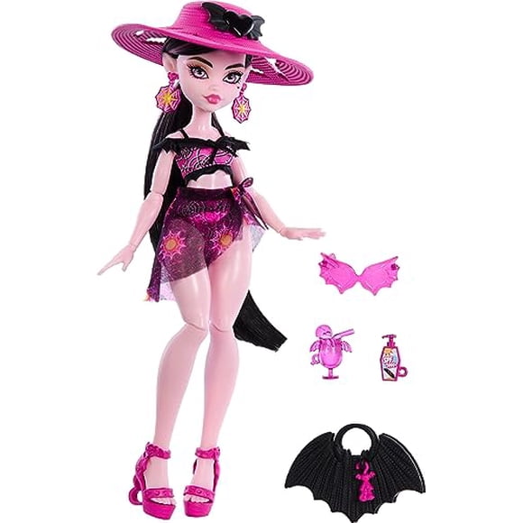 Monster High Poupée de Draculaure de l'Île Effrayante avec Maillot de Bain, Paréo et Accessoires de Plage comme Chapeau, Écran Solaire et Fourre-Tout