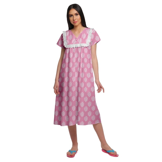 Moomaya Printed Short Sleeve Nightdress For Ladies Button Placket Nightwear
