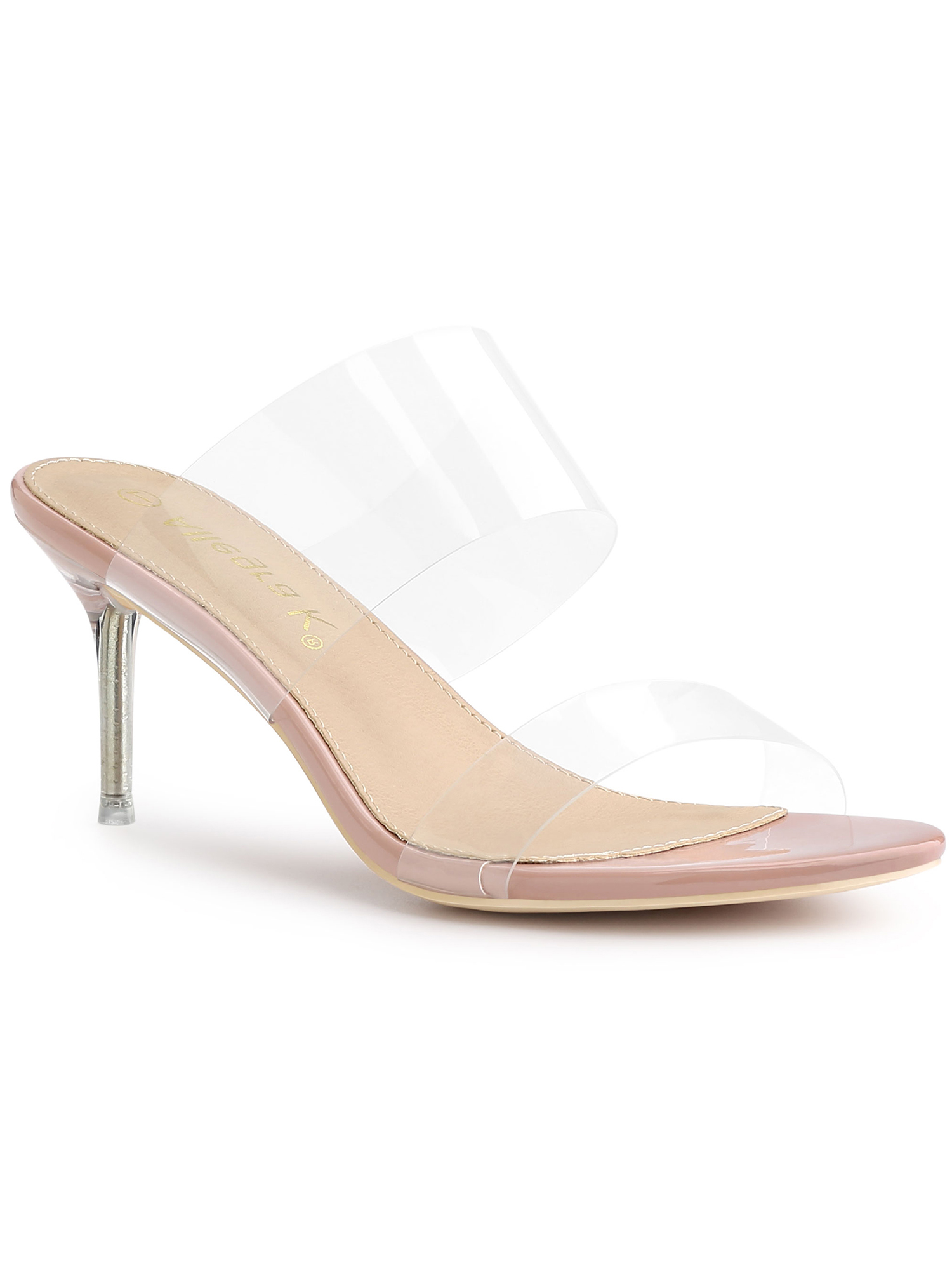 BLISSFUL STEP Women's Clear Slide Stiletto Heels Open Toe Slip On Sandals Beige 6